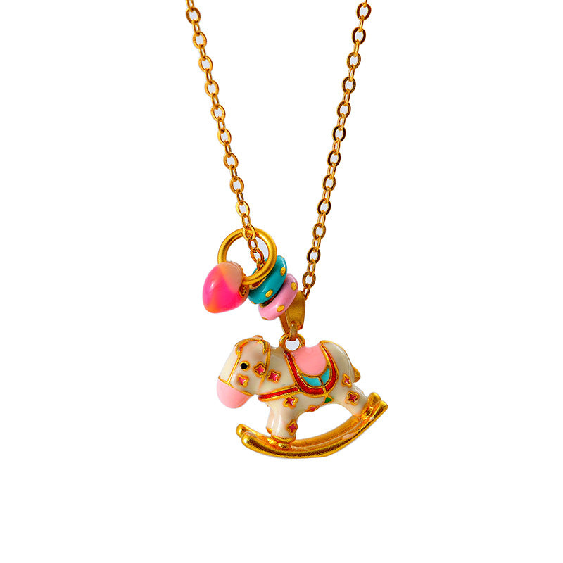 New Chinese Style Carousel Necklace for Women Dopamine Strong Treasure Color All Things Have Joy Collarbone Chain Enamel Oil Paint Necklace