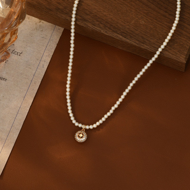 New Year Necklace Light Luxury Elegant Versatile Micro Inlaid Zircon Hollow Eight-Pointed Star Pendant Pearl Necklace for Women