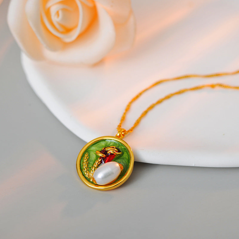 Oil Painting Natural Pearl Necklace for Women, Vintage New Chinese Style, National Style Wheat Spike Sweater Chain, Niche Collarbone Chain, Choker