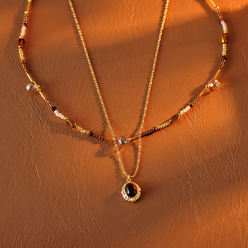 Double Layer Stacked Necklace with Diamonds and Natural Shell Pearl Single Pendant Necklace Light Luxury High-end Clavicle Chain