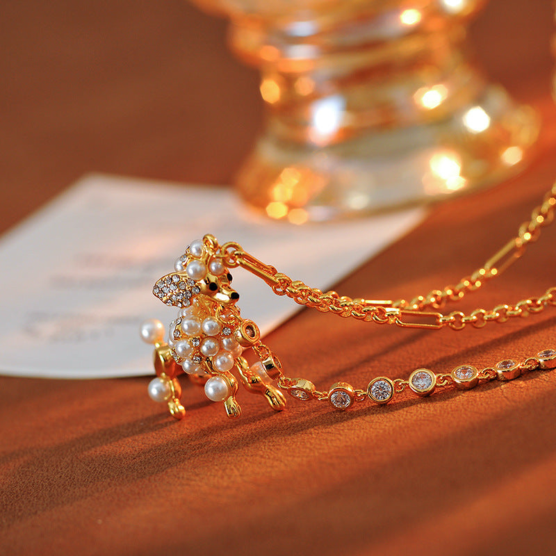 European and American Jewelry Creative Personality Sparkling Diamond Fun Cute Pearl 3D Dog Shape Necklace