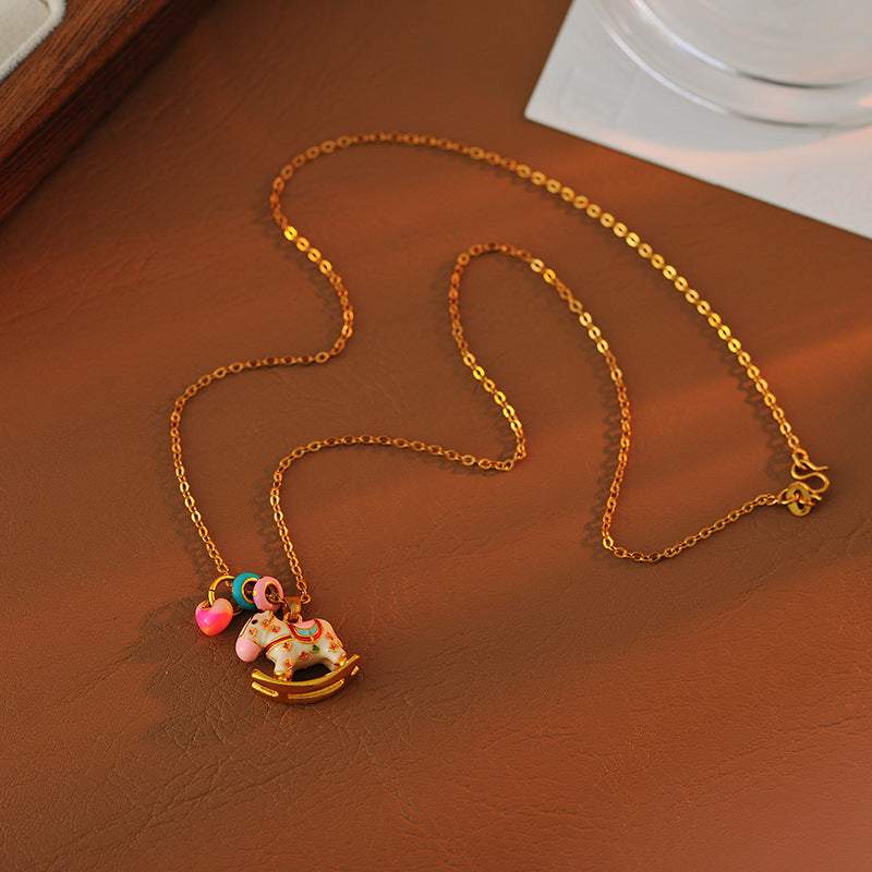 New Chinese Style Carousel Necklace for Women Dopamine Strong Treasure Color All Things Have Joy Collarbone Chain Enamel Oil Paint Necklace