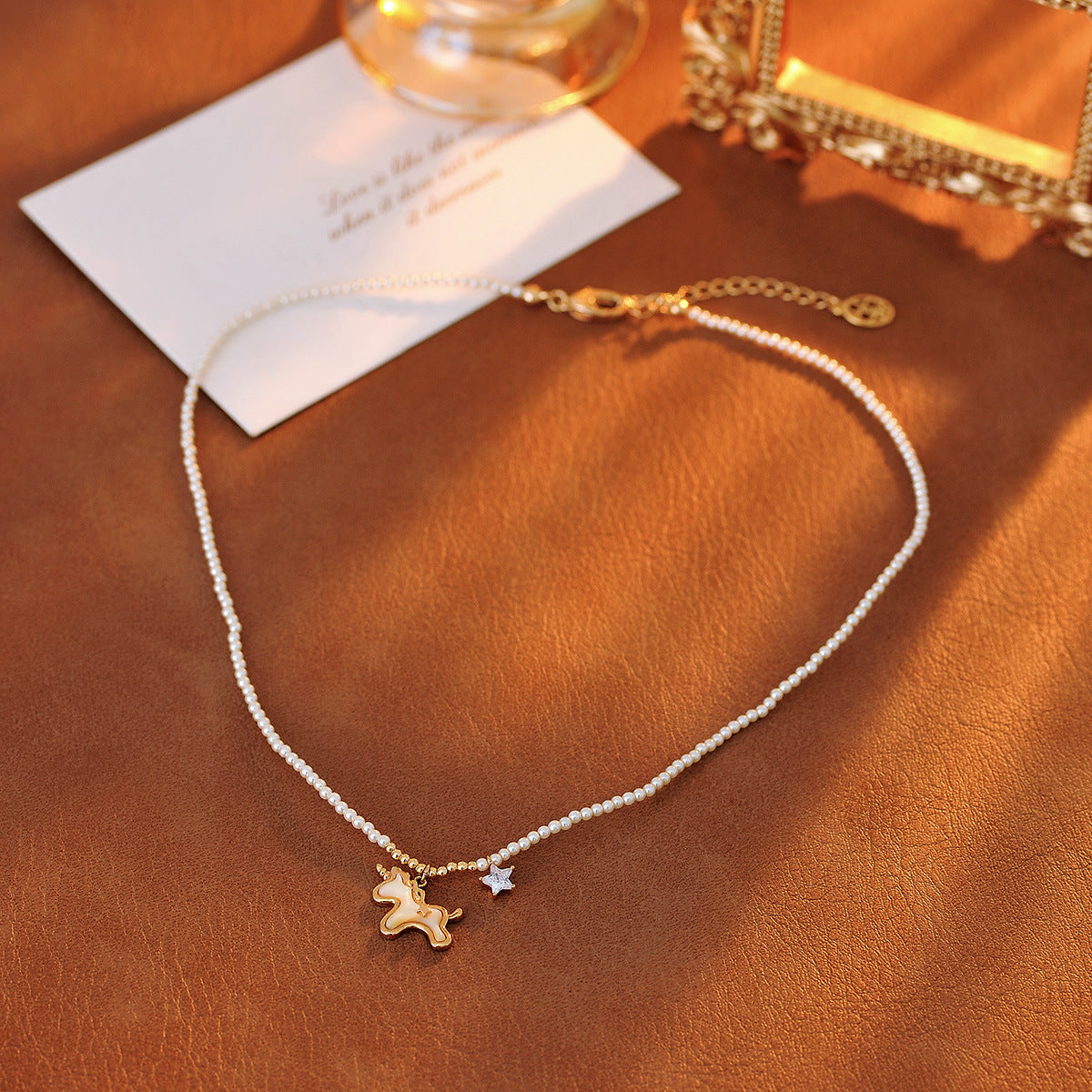 Unicorn Necklace for Women, Light Luxury Niche New Model, Popular Star White Mother-of-Pearl Collarbone Chain