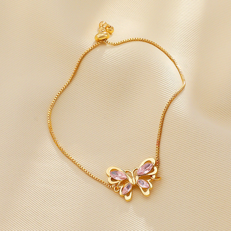 Hot Selling European and American Crystal Butterfly Bracelet for Women Simple Fashion Jewelry Pink Crystal Hollow Butterfly Bracelet