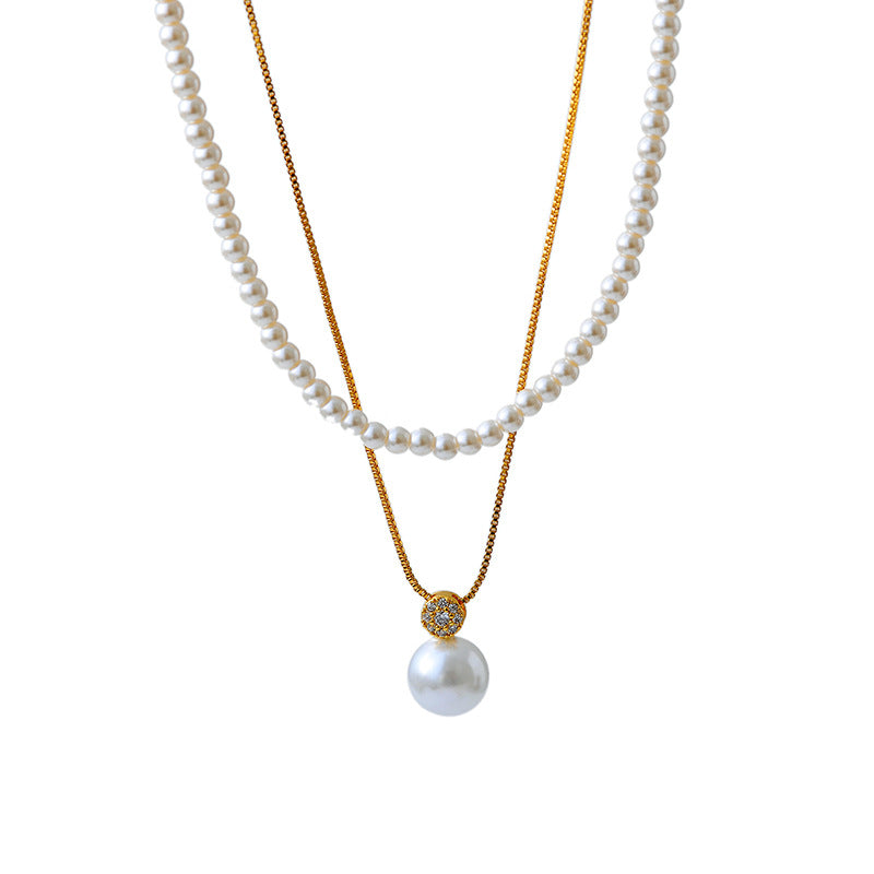 Shijia Zhenduo Hemp Single Pearl Pendant Necklace Autumn Winter Sweater Chain Elegant Double Layer Stacked Necklace