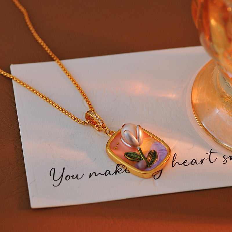 French Retro Oil Painting Pearl Pendant Oil Painting Style Necklace Universal Clasp Detachable Accessory