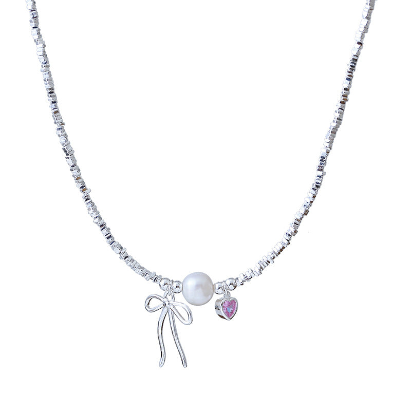 New Bowknot Pearl Pink Zircon Bracelet Necklace for Women Simple Handmade Design Silver Fragment Jewelry Collarbone Chain