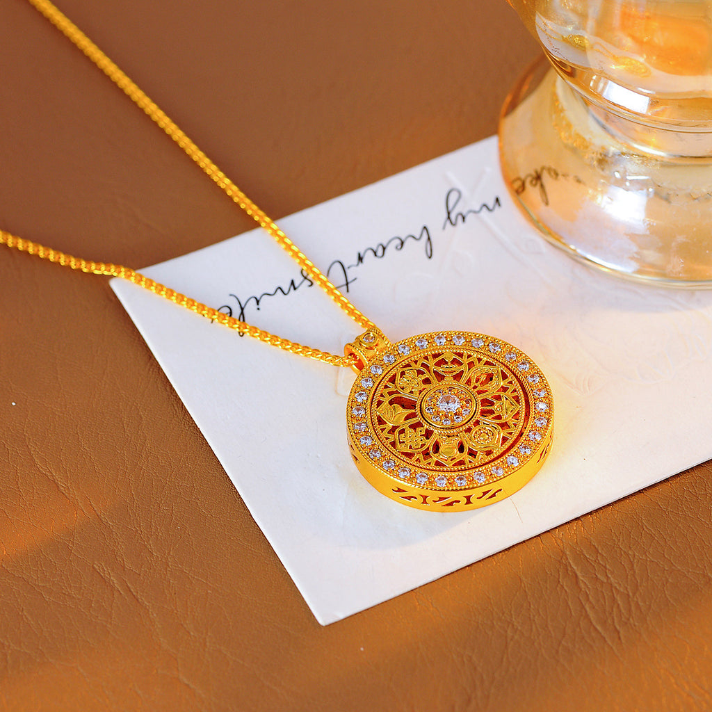 Gold Shop Same Style Ancient Method Sand Gold Inlaid with Diamonds Auspicious Eight Treasures Compass Necklace Pendant Rotatable Sweater Chain