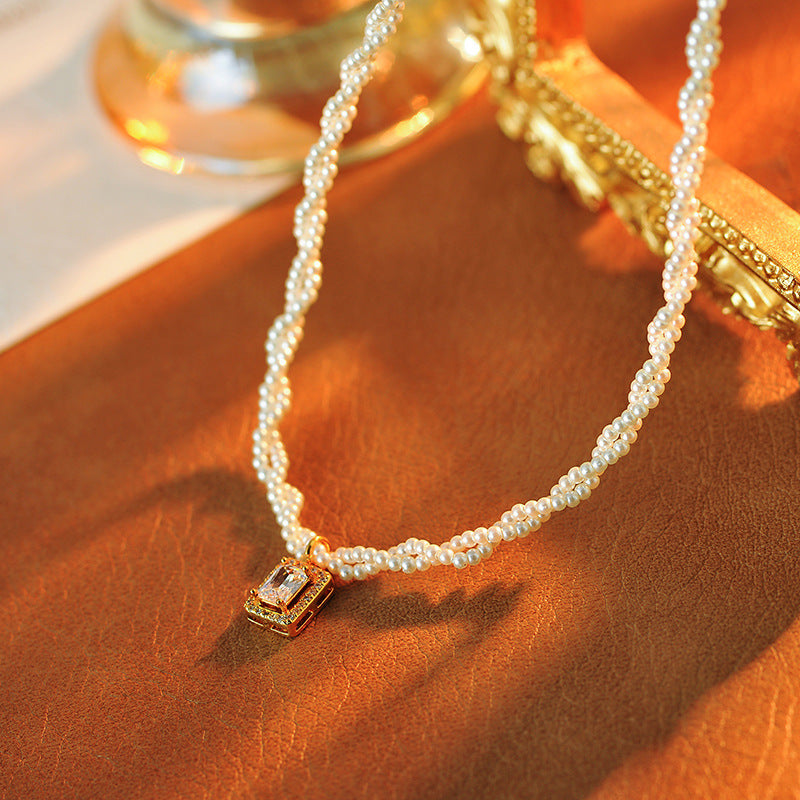 Double Layer Stacked Xiaomi Pearl Small Sugar Cube Necklace Collarbone Chain Light Luxury Niche New Hot-Selling Pendant