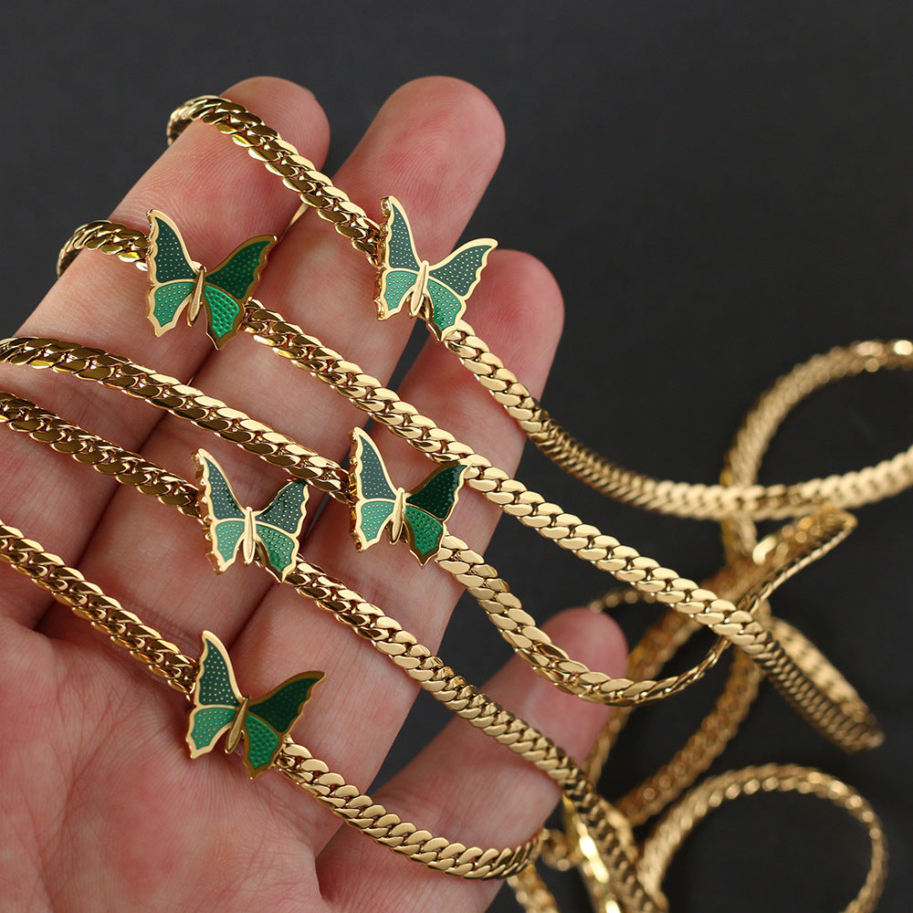 Vintage Style Green Butterfly Choker Necklace Cuban Necklace Collarbone Chain Titanium Steel 18K Gold Plated Non-Fading
