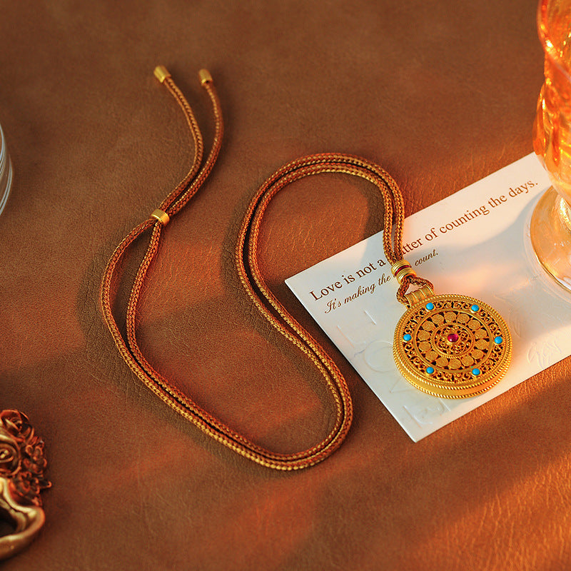 Wei Xue Same Style Enamel Ancient Filigree Ruyi Eight Treasures Compass Pendant Braided Rope Exquisite Niche Necklace for Women