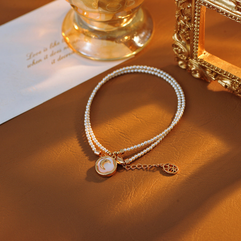 Moon Necklace Real Gold Electroplated Moon French Pearl Necklace Light Luxury Collarbone Chain High-end Necklace