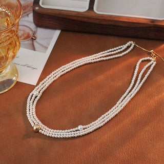 French Retro Hepburn Style Fashion Elegant Multi-layer Imitation Shijia High-gloss Pearl Small Gold Bead Short Necklace for Women