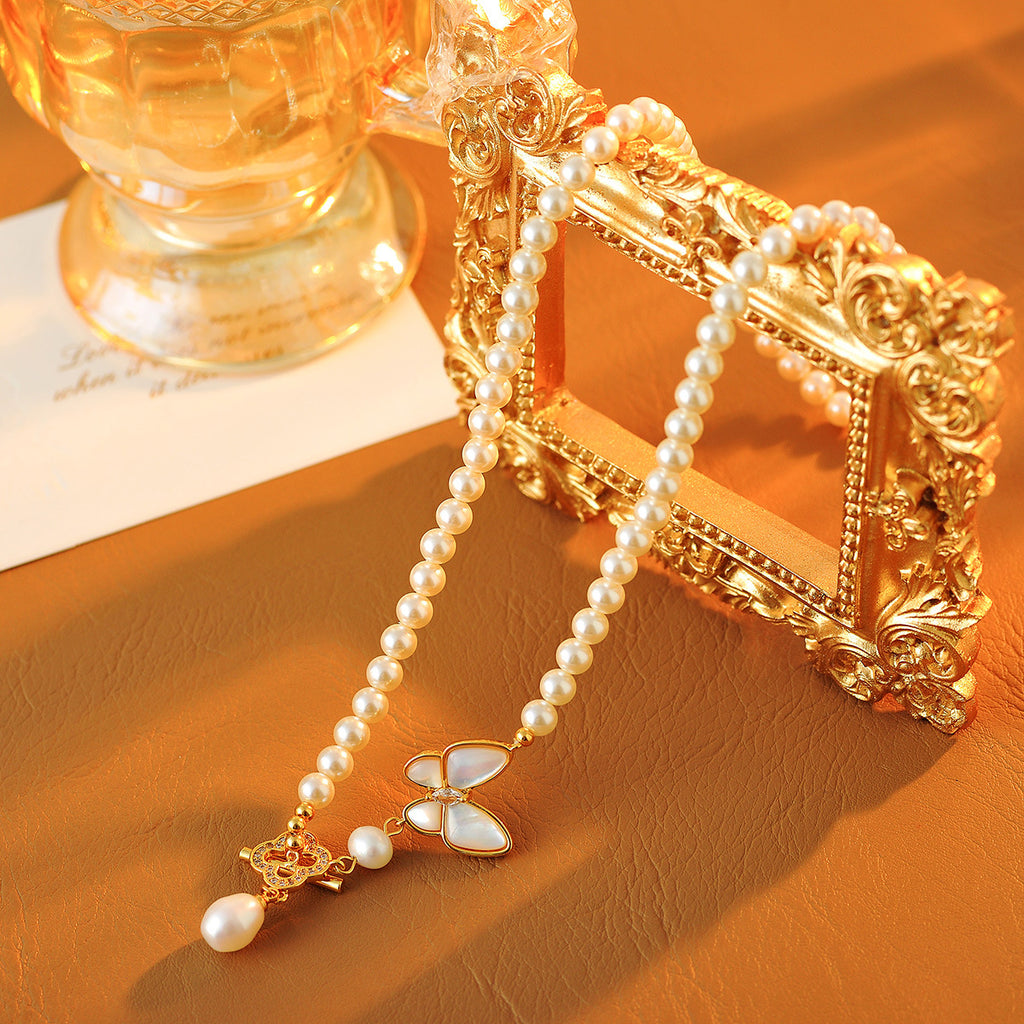 Natural Mother-of-Pearl Butterfly OT Buckle Slimming Pearl Necklace for Women New French Style Versatile Collarbone Chain