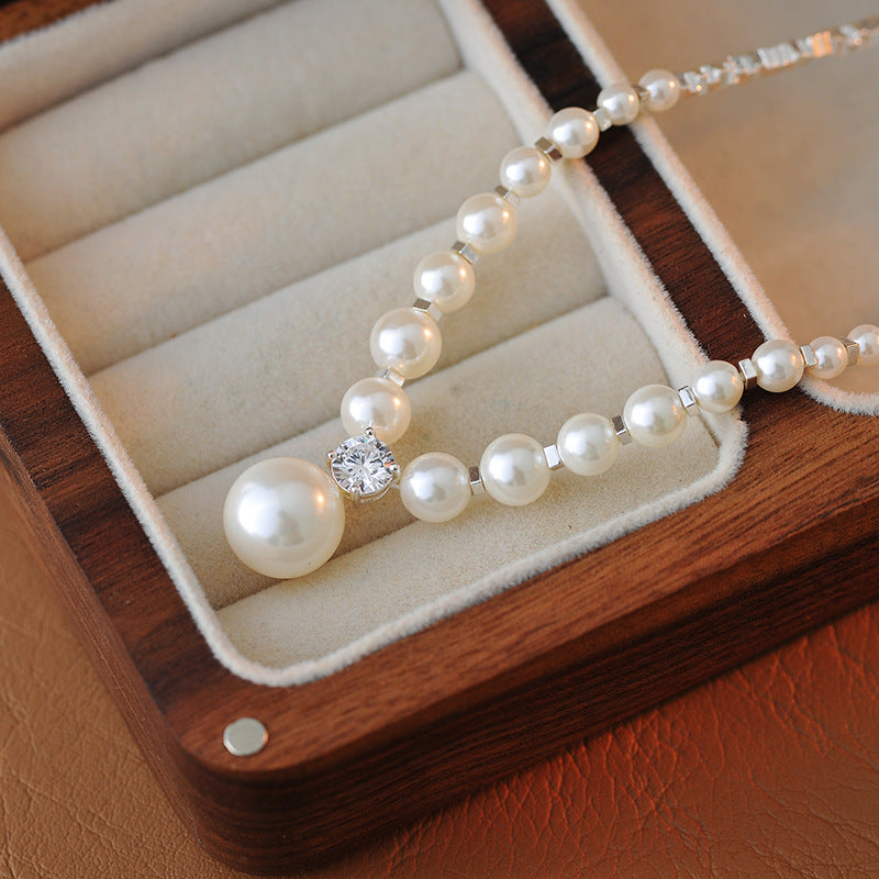 Shijia Pearl Fragment Silver Necklace Gradient High-end Feel Women's Necklace White French Retro Round Bead Collarbone Chain