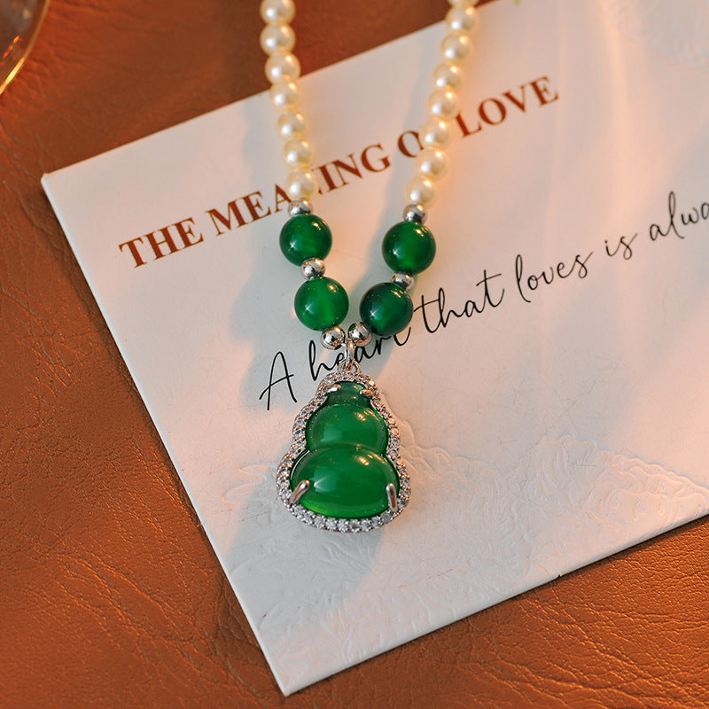 New Chinese Style Green Chalcedony Gourd Pearl Necklace Fashion Retro Light Luxury Temperament National Trend High-end Necklace for Women