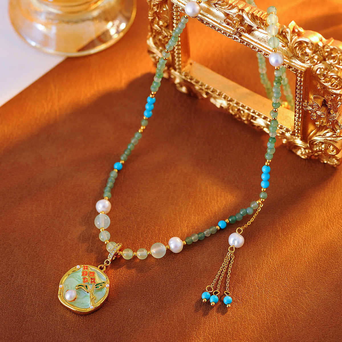 New Chinese Style 2025 Retro Glaze Flower Pearl Pendant Necklace High-End Niche Design Choker