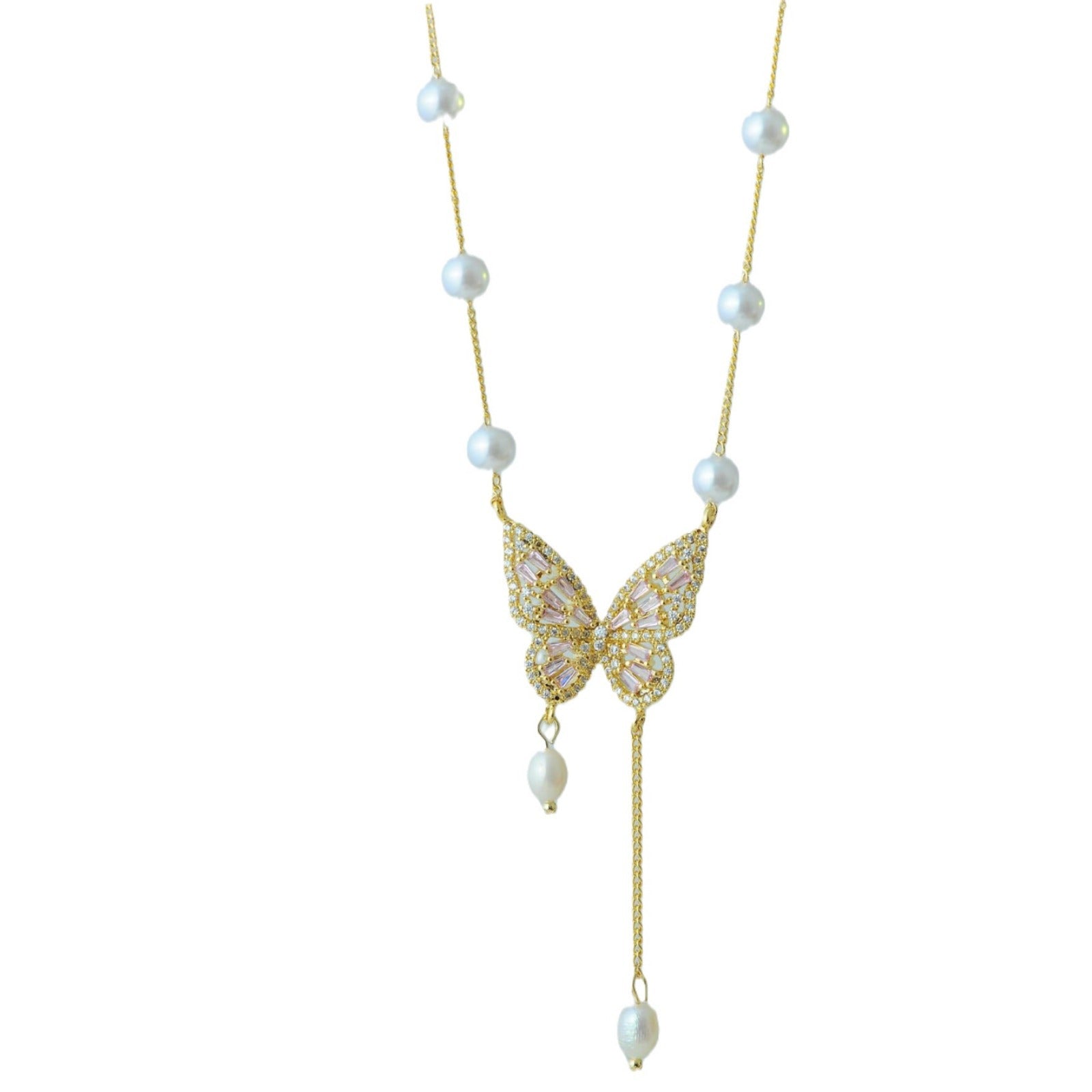 Freshwater Pearl Zircon Butterfly Necklace for Women French Retro Fashion Versatile Collarbone Chain Niche Jewelry
