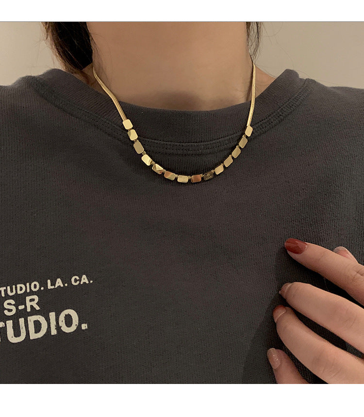 Minimalist Personality Design Small Square Snake Bone Chain Necklace for Women Ins Trend Light Luxury Niche Collarbone Chain Short Neck Chain