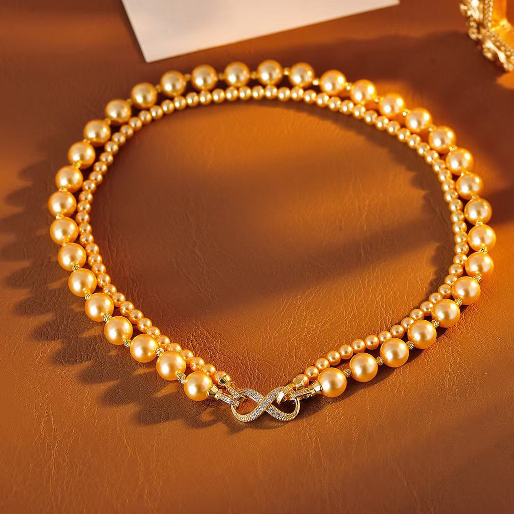 Eight Blessings Double Layer Stacked Pearl Necklace New Accessory Chain Light Luxury High-end Gold Style