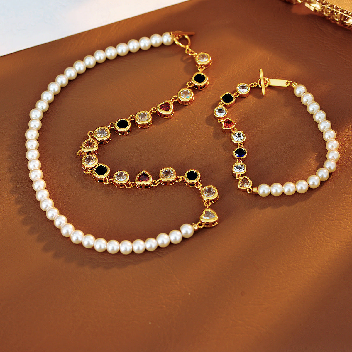 Original Fashion Retro Personality Colorful Zircon Pearl Beaded Necklace for Women Versatile High-end Simple Niche Choker