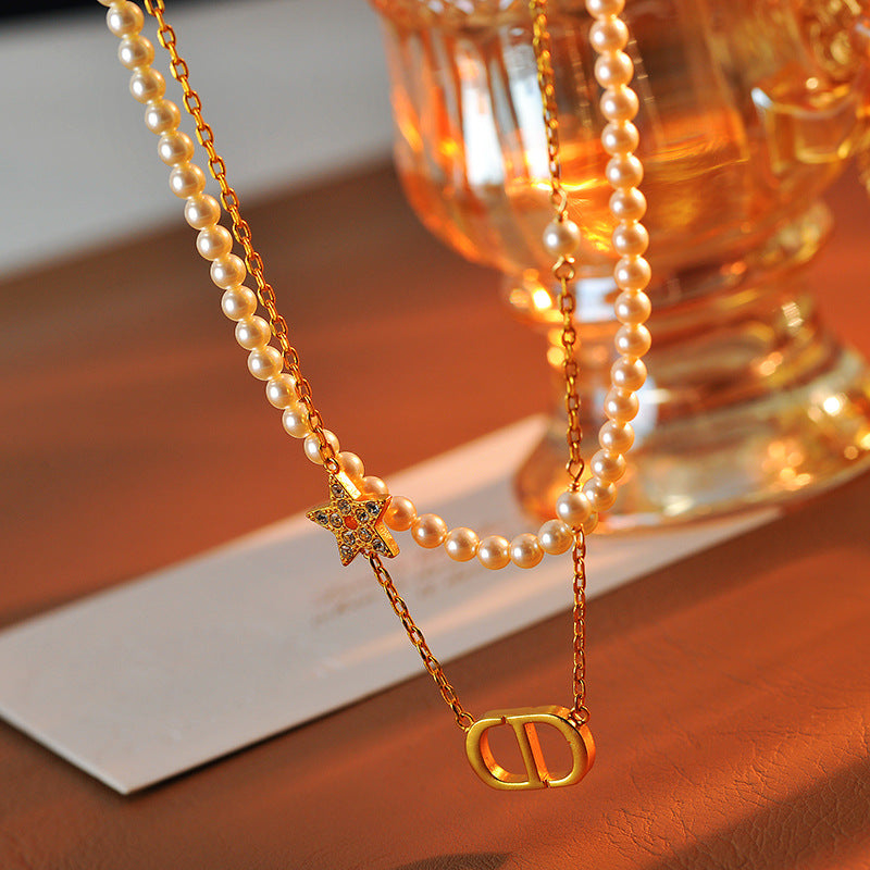 French Retro New Style High-End Letter Full Diamond Star Pearl Necklace for Women Light Luxury Versatile Double Layer Clavicle Chain Trendy