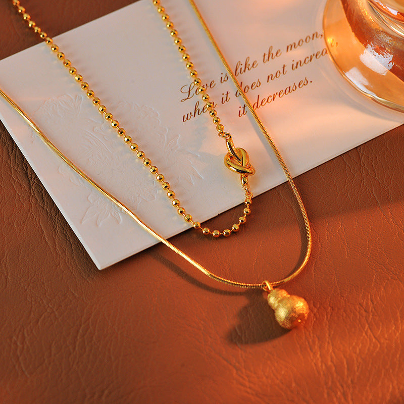 French Style Double Layer Stacked Gold Gourd Necklace Round Bead Chain Simple Elegant High-end Clavicle Chain Neck Chain