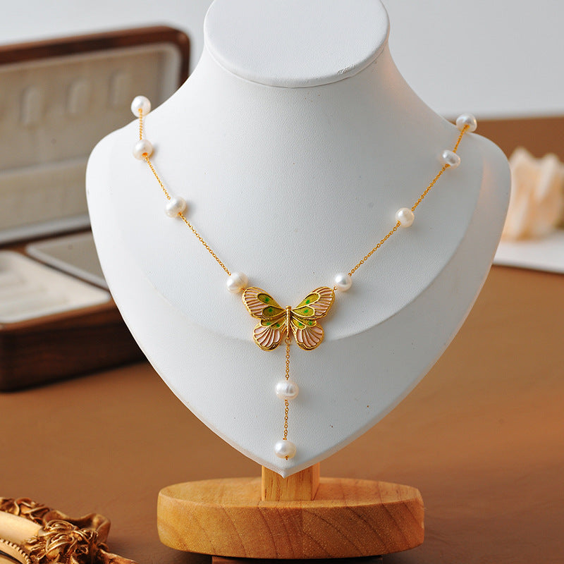 Falan Color Super Fairy Niche Design Simple Forest Style Butterfly Exquisite Baroque Pearl Simple Necklace