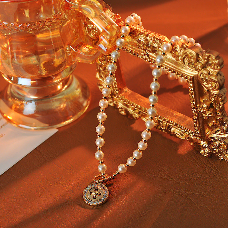 2025 Korean Version Button Pearl Necklace High-End Niche Sweater Chain Light Luxury Collarbone Chain