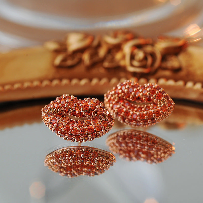 Sexy Sparkling Diamond Red Lips Cute Earrings 3D Bag Creative High Heels Multi-Drop Necklace Collarbone