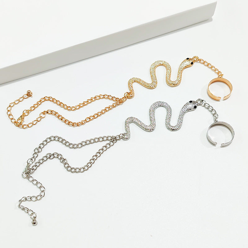 New Alloy Snake-Shaped Back Chain Personality Irregular Ring Integrated Chain Women's Jewelry Inlaid with Diamonds European and American Style