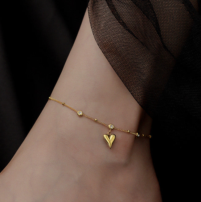 Simple Versatile Heart Zircon Anklet for Women, Light Luxury High-End Niche Design 2025 New Model 18K Gold Plated Anklet