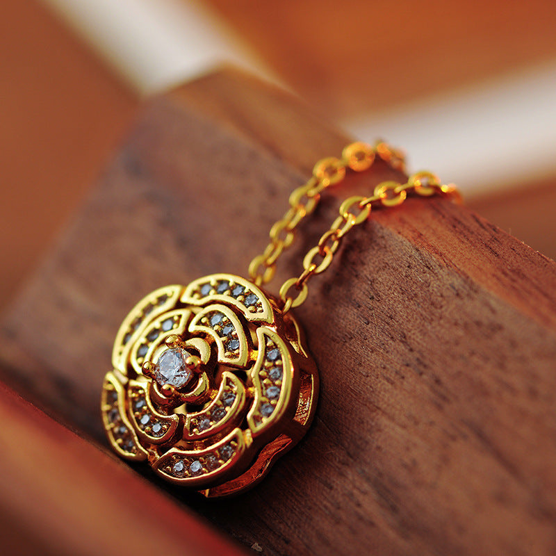Copper Gold-Plated French Gentle Flower Earrings Necklace Light Luxury Simple Zircon Collarbone Chain High-End Feel A10184