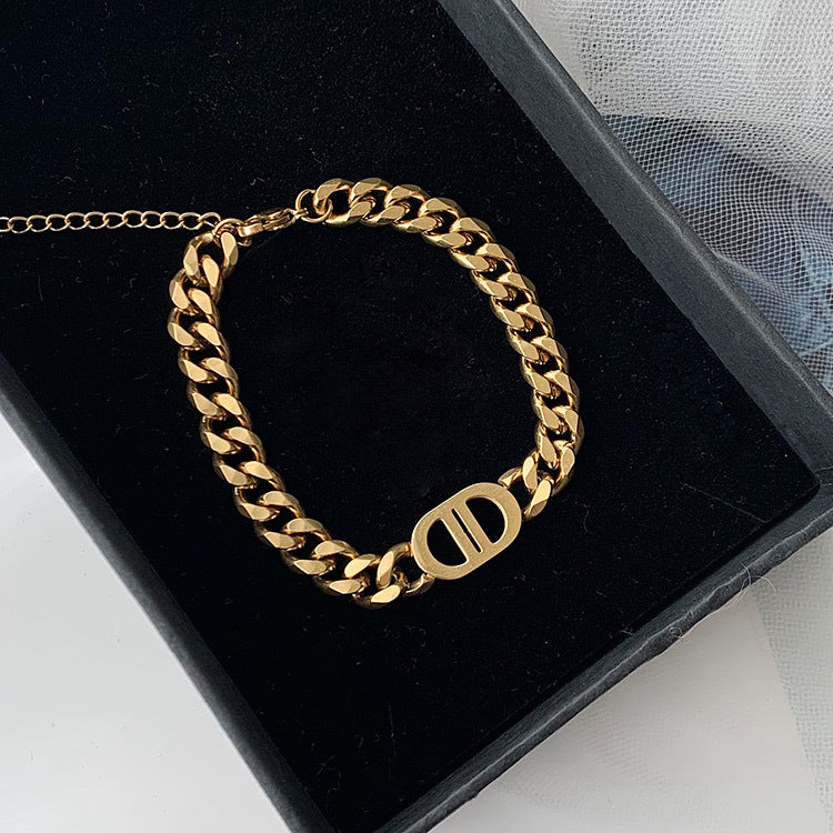 Heavy Industry High-Quality Thick Chain Gold Letter Titanium Steel Necklace for Women European and American Ins Internet Celebrity Hip-Hop Short Clavicle Chain Bracelet