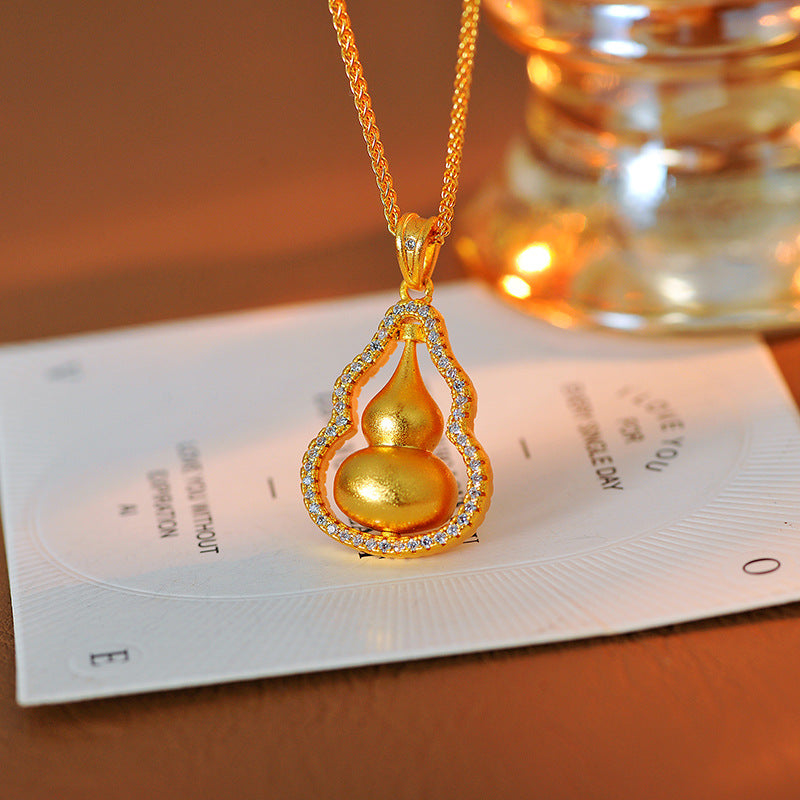 Live Streaming Hot Item Vintage Style Inlaid Diamond Gourd Pendant Fortune Gourd Necklace Copper Plated Personalized Exquisite High-end Necklace