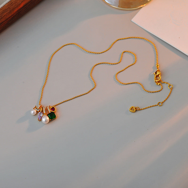 High Version Real Gold Plating European and American Jewelry Fashion Pearl Colorful Zircon Multi-element Multi-drop Necklace Simple Necklace