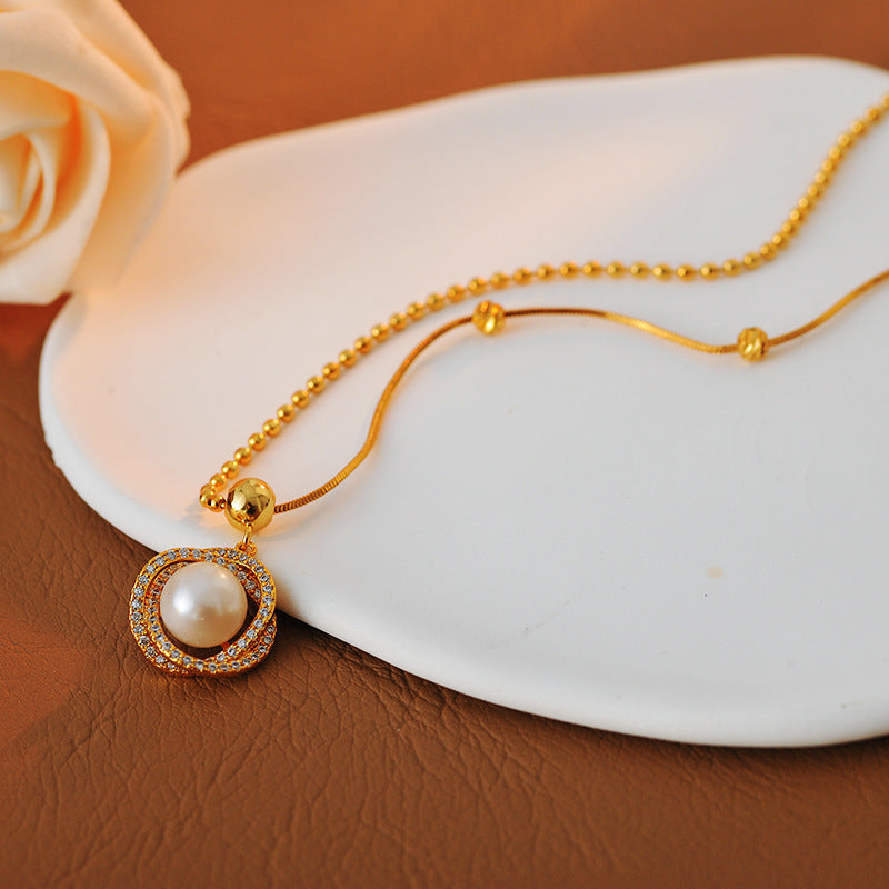 New Trendy Pearl Necklace Retro Elegant Simple Micro Inlaid Full Diamond Niche Design High-end Clavicle Chain