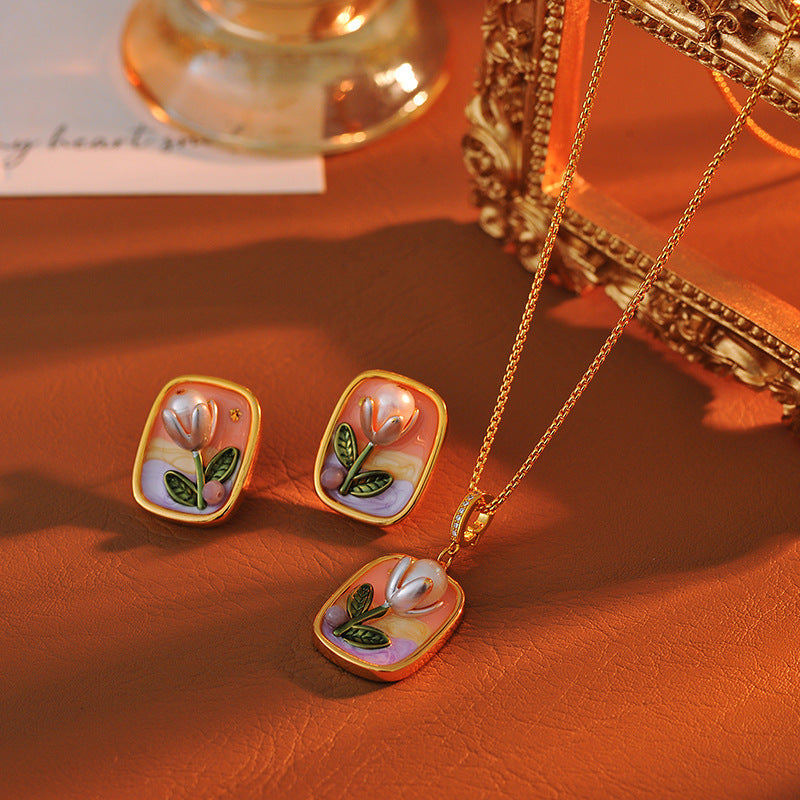 French Retro Oil Painting Pearl Pendant Oil Painting Style Necklace Universal Clasp Detachable Accessory