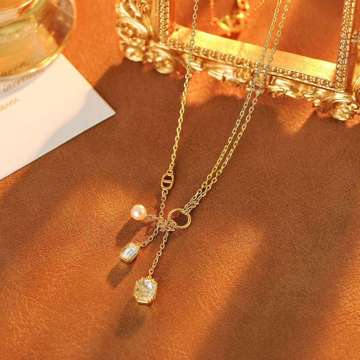 New Square Diamond Pendant Earrings Pearl Necklace Chain Clavicle Chain High-end Versatile Fashion New Style