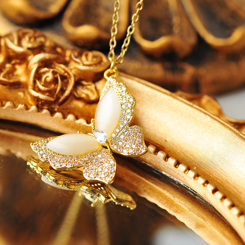 New Style Real Gold Plated Minimalist Fashion Cat's Eye Stone Butterfly Simple Elegant Necklace for Women