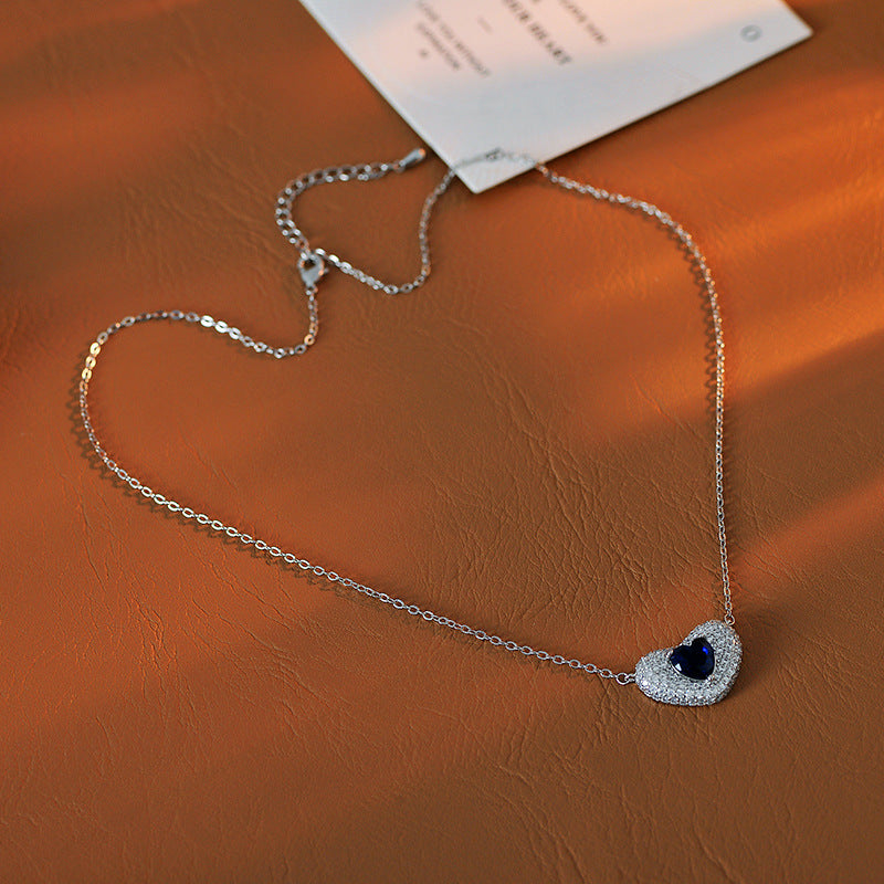 European and American Fashion Blue Heart Adjustable Necklace for Women Full Diamond Heart-Shaped Collarbone Chain Exquisite Elegant Jewelry