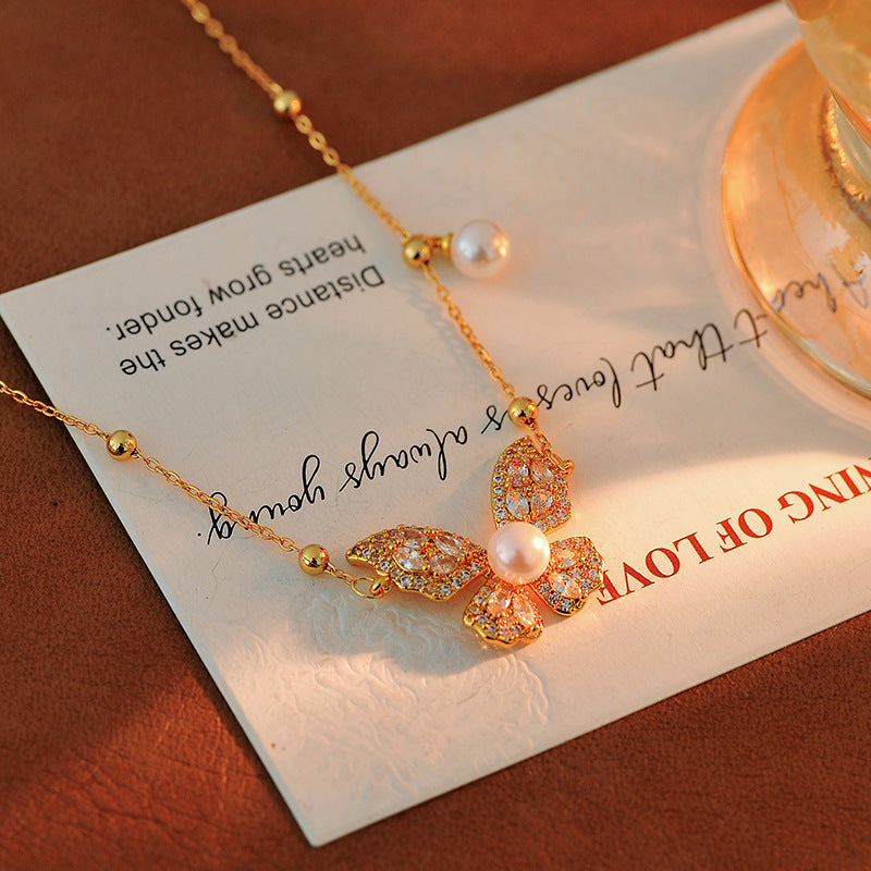 Fashion Versatile Pearl Necklace for Women, High-End Elegant Light Luxury Zircon Butterfly Collarbone Chain, Minimalist Style Neck Chain Accessory