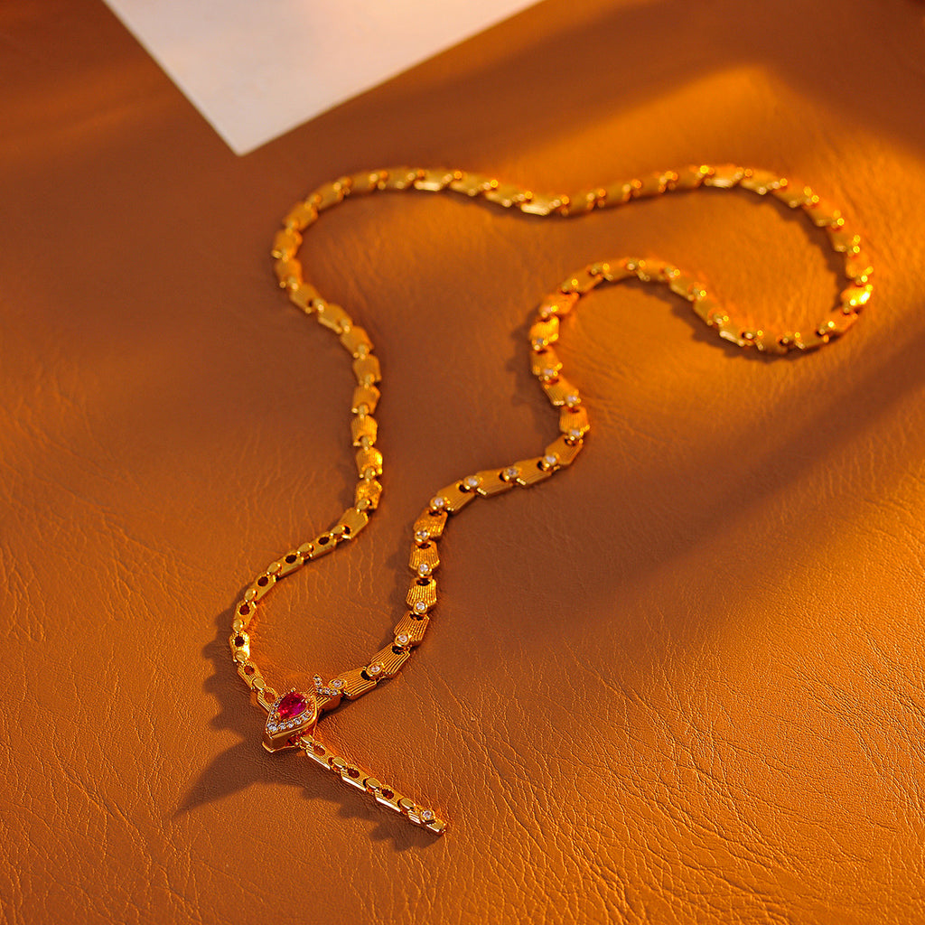 Luxury High-End Sparkling Diamond Ruby Bone Knot Snake Necklace Sweet Cool Adjustable Snake Bracelet Set Accessories