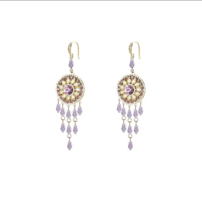 High-end Design Ethnic Style Retro Purple Crystal Disc Tassel Earrings New Trend Hook Earrings