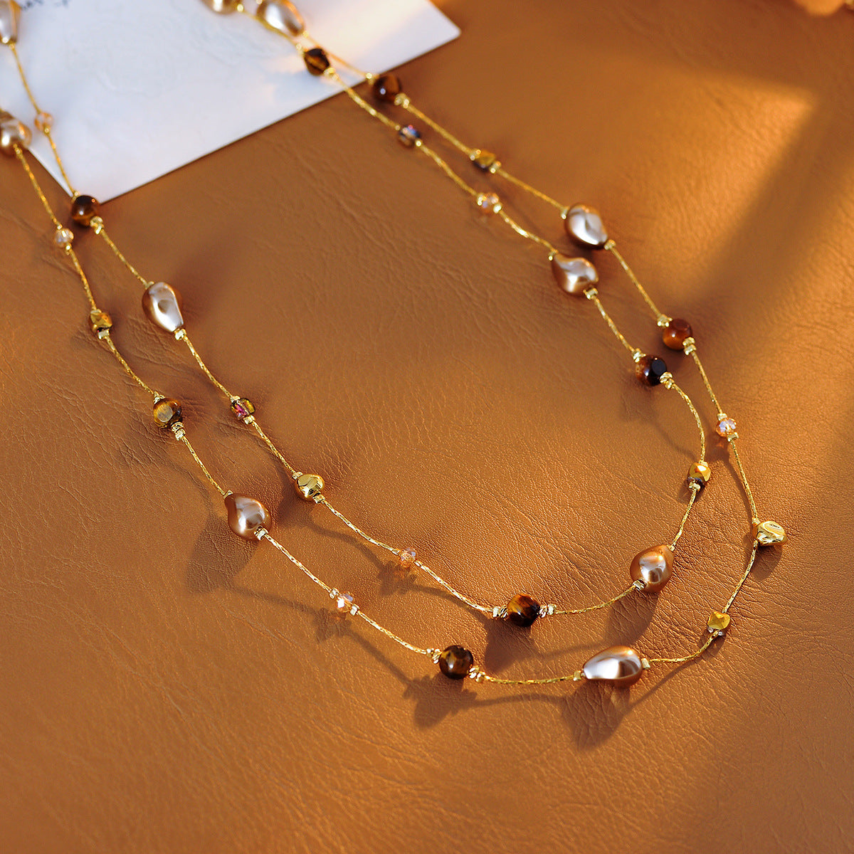 Vintage Melard Long Beaded Tiger Eye Stone Necklace Accessory for Women, Light Luxury, Small Multi-layer Sweater Chain