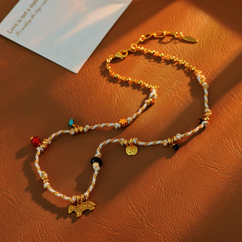 Colorful Braided Rope Pony Elephant Necklace Unique Niche Design High-end Simple Exotic Ethnic Style Layered Wear Gift