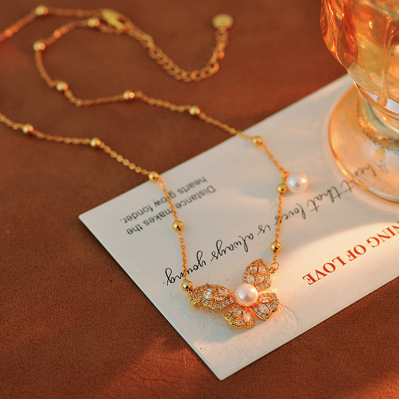 Fashion Versatile Pearl Necklace for Women, High-End Elegant Light Luxury Zircon Butterfly Collarbone Chain, Minimalist Style Neck Chain Accessory