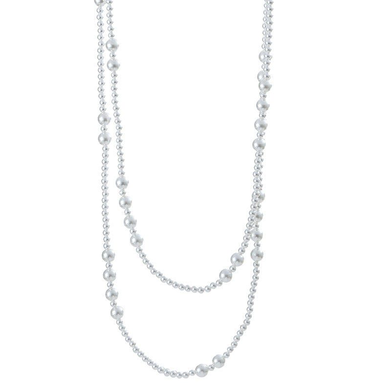 Autumn Winter Trendy Korean Style Elegant Fashion Large and Small Pearl Irregular Spaced Long Multi-layer Stacked Necklace Sweater Chain