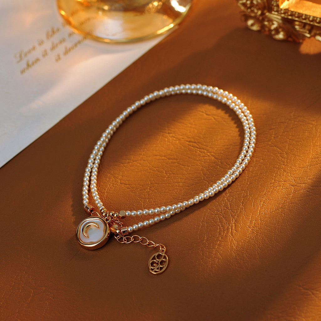 Moon Necklace Real Gold Electroplated Moon French Pearl Necklace Light Luxury Collarbone Chain High-end Necklace