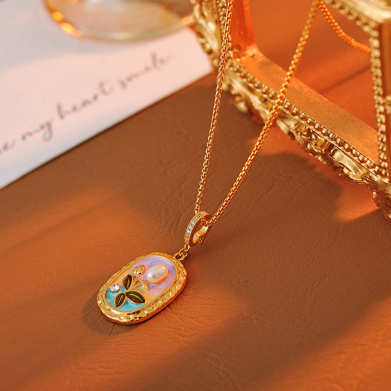 Monet Garden Vintage Necklace Natural Baroque Pearl Light Luxury Retro Oil Painting Style Collarbone Chain